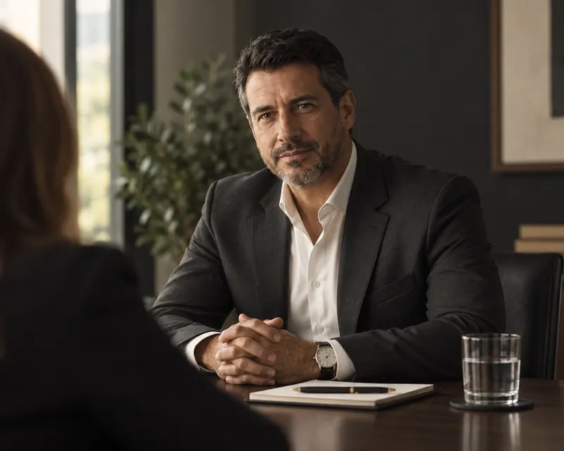 Imagem gerada por IA: Vicente Solaro, advogado fictício, ouve uma cliente, vista de costas, em uma mesa de reunião de madeira.