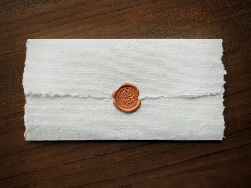 Envelope de papel artesanal fechado com lacre de cera sobre uma mesa de madeira.